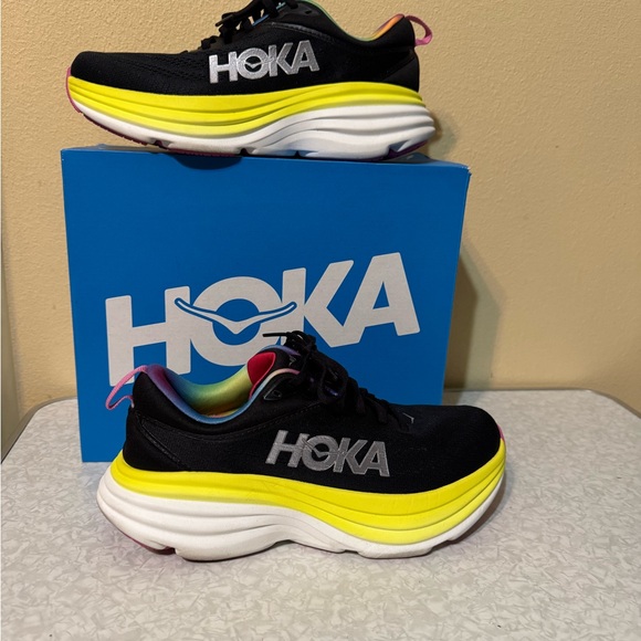 Hoka Bondi 8 Black and Neon Yellow Athletic Shoes - Picture 2 of 3